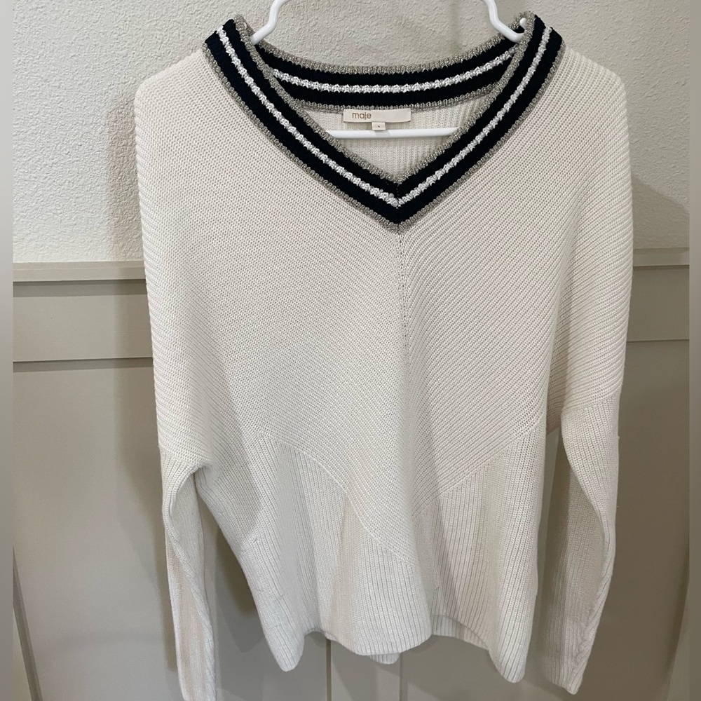 Maje White V-Neck Sweater with Black Sparkly Trim - Picture 2 of 9